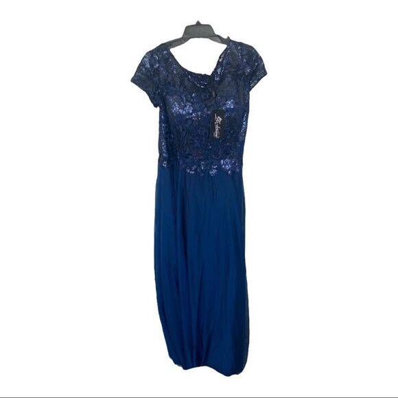 La Femme Floral Lace and Satin Navy Blue Short Sleeve Formal Gown Size 16 NWT - Picture 2 of 3